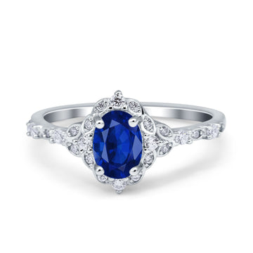 Oval Engagement Ring Accent Vintage Simulated Blue Sapphire CZ 925 Sterling Silver